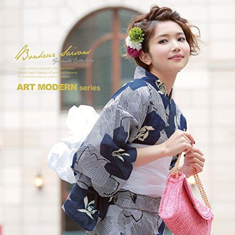 (ソウビエン) 浴衣セット レディース レトロ bonheur saisons ボヌールセゾン 紺 ネイビー 白 花柄 綿 縞 ストライプ ソウビエン 浴衣セット レディース レトロ bonheur saisons ボヌールセゾン ネイビー 花柄 ストライプ