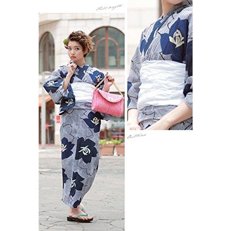 (ソウビエン) 浴衣セット レディース レトロ bonheur saisons ボヌールセゾン 紺 ネイビー 白 花柄 綿 縞 ストライプ ソウビエン 浴衣セット レディース レトロ bonheur saisons ボヌールセゾン ネイビー 花柄 ストライプ