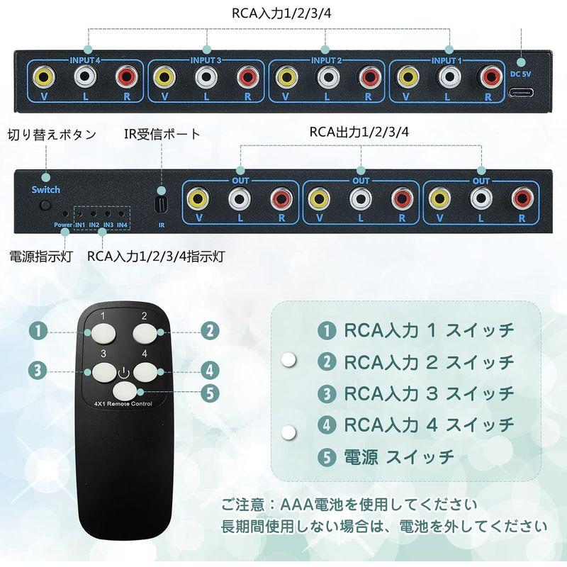 RCA スイッチャー セレクター 4x3 RCA 切替器 分配 4入力3出力 1080P 60Hz AV 切替器 スイッチャー VCR、VC｜colorful-market｜04