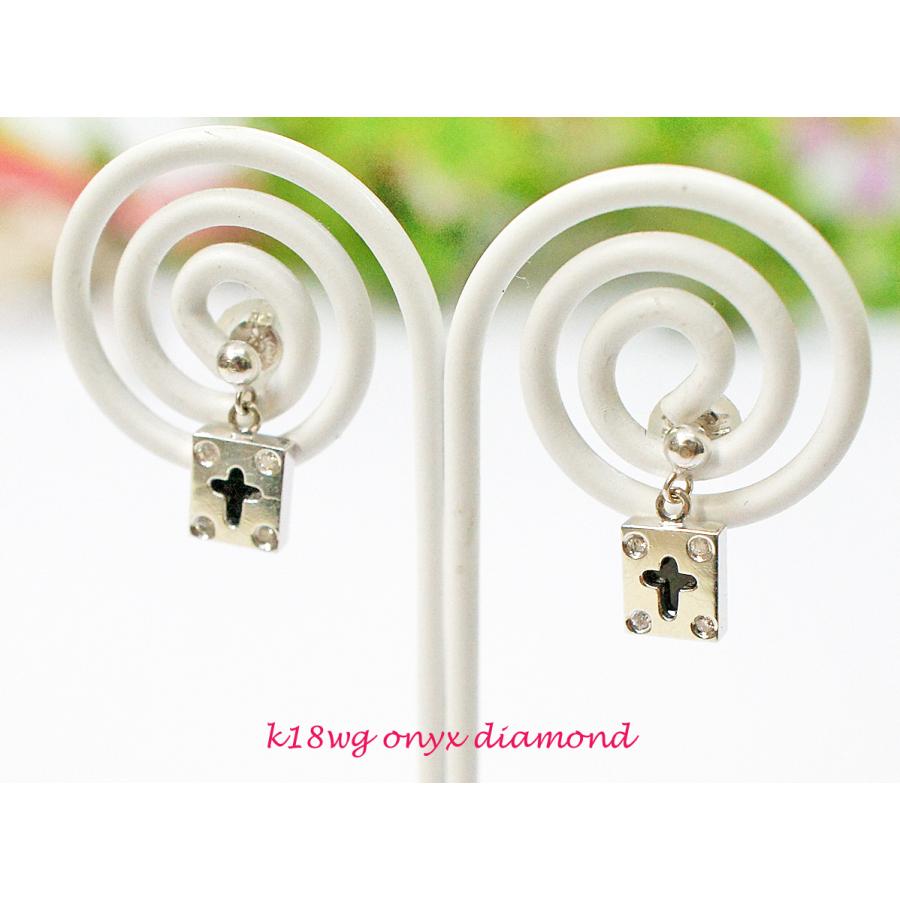 K18WG オニキス ダイヤモンド ピアス クロス ゆらゆら 両耳 1.22g 