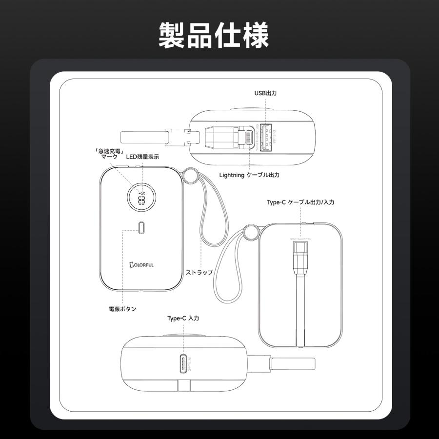 COLORFUL モバイルバッテリー ケーブル内蔵 急速充電 軽量 コンパクト