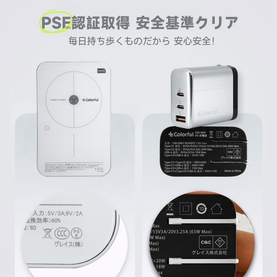 colorful MagSafe モバイルバッテリ・充電器・充電ケーブル4in1 充電器 セット モバイルバッテリー MagSafe 10000mAh 65W 急速充電器