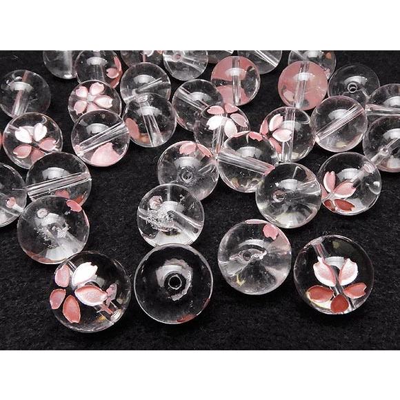 粒販売 天然水晶 クリスタルクォーツ 桜 ピンク色彫刻 丸玉 12mm 3粒 