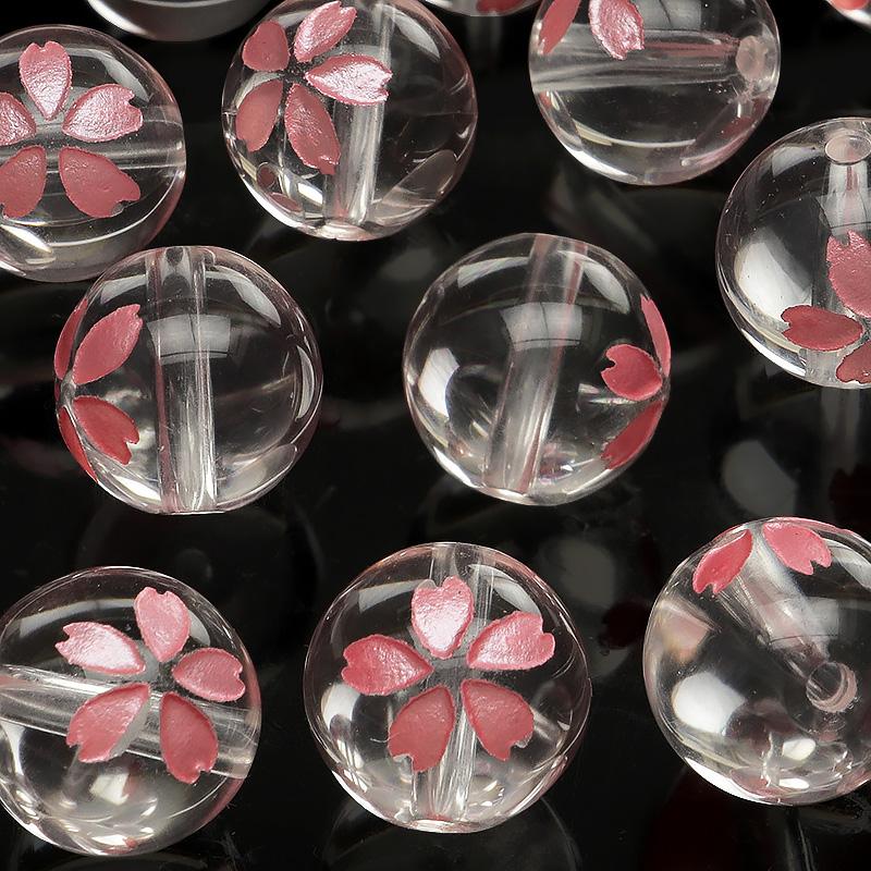 粒販売 天然水晶 クリスタルクォーツ 桜 ピンク色彫刻 丸玉 10mm 4粒  
