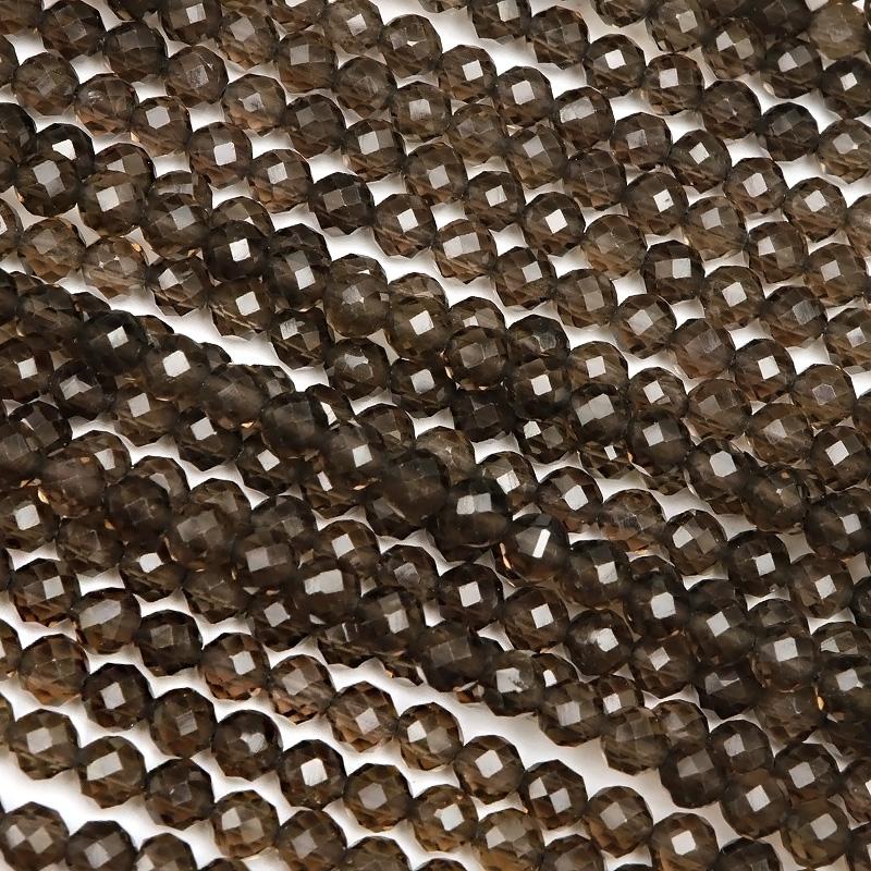 スモーキークォーツ 面カット 丸玉 3mm［プレミアムカット］【1連販売