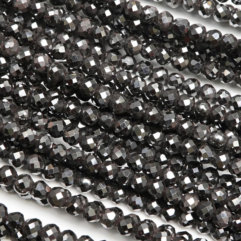 ヘマタイト［磁気入り］ 面カット 丸玉 3mm【1連販売】 / 7-6