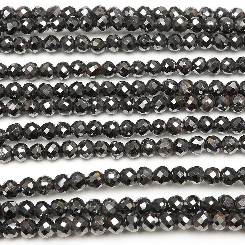 ヘマタイト［磁気入り］ 面カット 丸玉 3mm【1連販売】 / 7-6