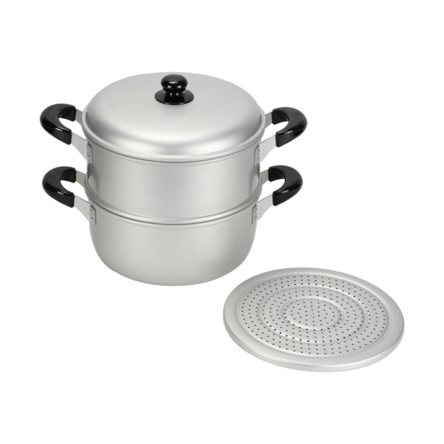 茂作製　アルミ製両手鍋 ハンマー仕上げ 蒸し器付き パール金属 アルミ2段蒸し器 26cm ニューセレット ガス火専用 もち米