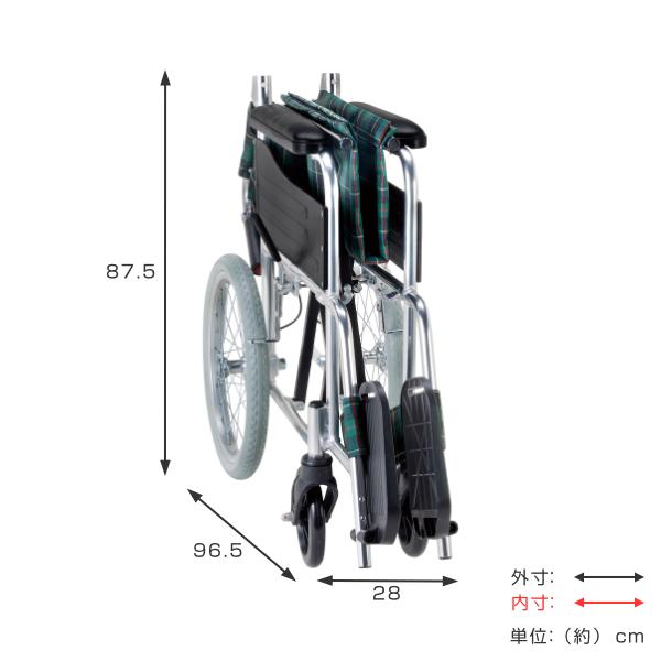 マキテック 車いす アルミ製 介助式 背折れタイプ 緑チェック 座面幅