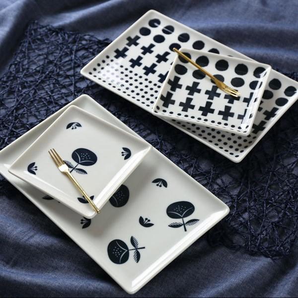 長角皿 26cm ブロックプリント 北欧 美濃焼 食器 中皿 磁器 同柄3枚