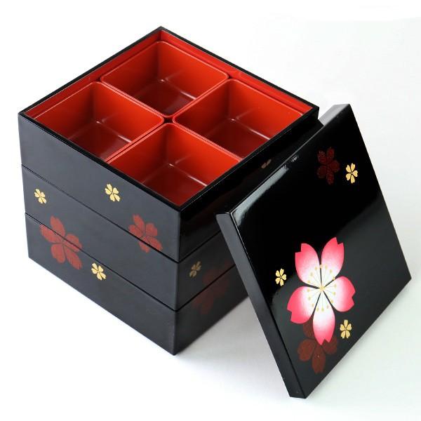 赤と黒の弁当箱 5個セット お弁当箱 5.0三段重 黒 桜 中子付 2500ml （ お重 和柄 ファミリー