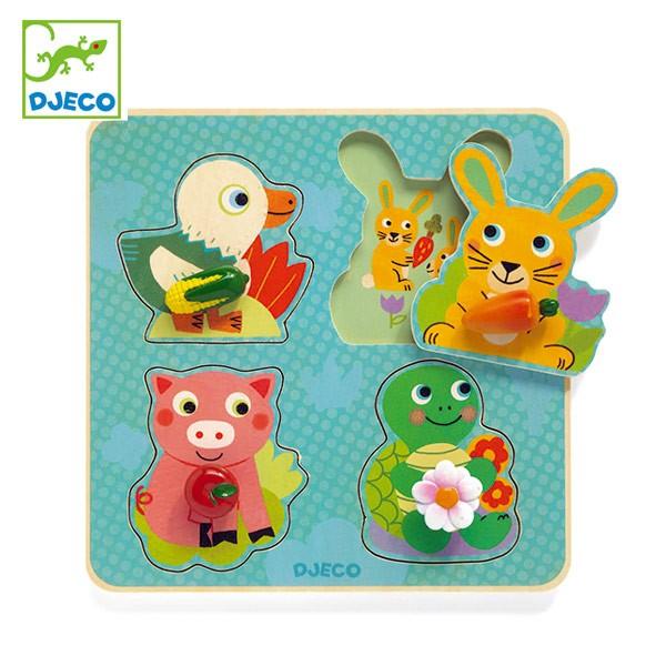 パズル 木製 動物 クロック キャロット 幼児 知育玩具 おもちゃ ジェコ （ DJECO 型はめパズル 4ピース 持ちやすい ）｜colorfulbox