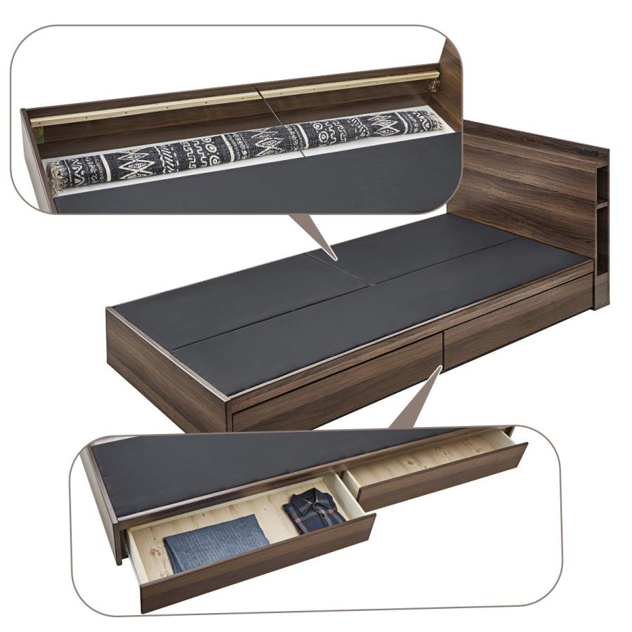 ブラウン◆引出し宮棚付き収納木製シングルベッド 収納ラック 2口コンセント ブラウン◇引出し宮棚付き収納木製シングルベッド 収納ラック 2口