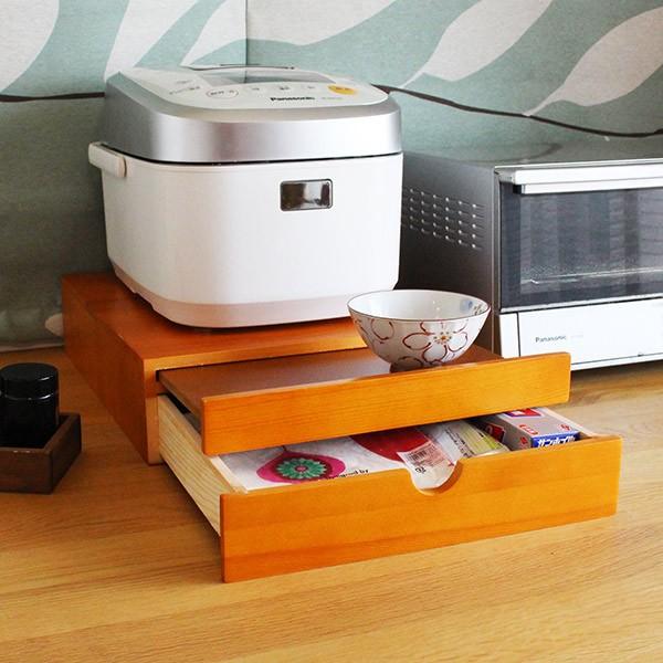 レンジ下ラック 幅30cm 家電下スライドテーブル 木製 引き出し付き