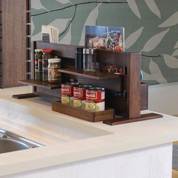 キッチン収納 カウンター上ラダーラック 幅63cm 両面使える 木製 （ カウンター上収納 ラダーラック 収納棚 ） 320065お弁当