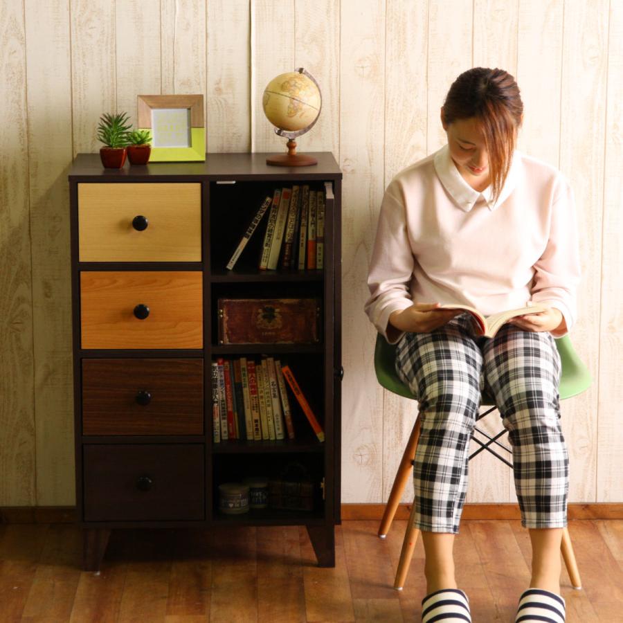 キャビネット 収納棚 幅59cm カラフル 引き出し4杯 木製 脚付き 取っ手  