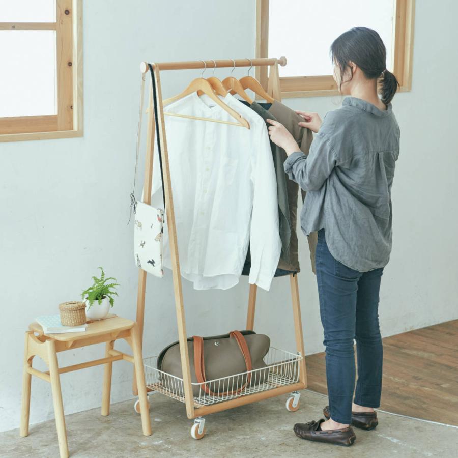 弘益 コートハンガー 北欧風 天然木フレーム カゴ付 LIV 幅66cm
