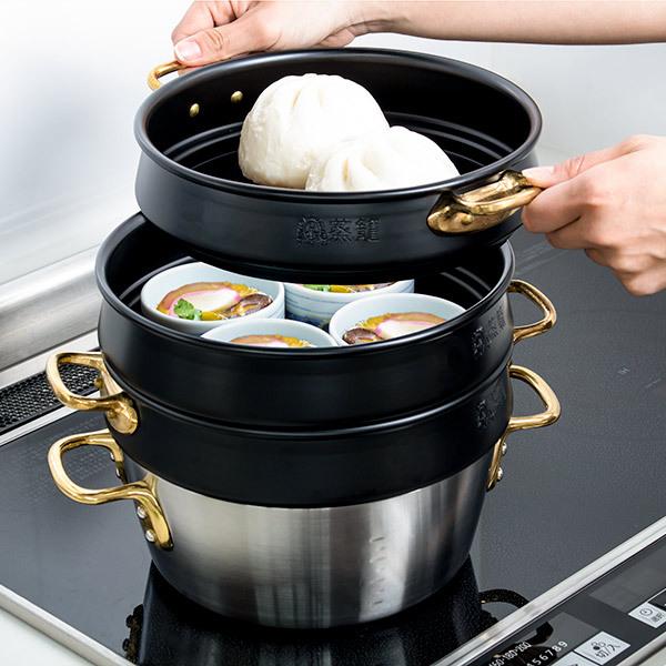せいろ 24cm 蒸籠 ブラック 6点セット ステワ 蓋 両手鍋 蒸し器 業務用