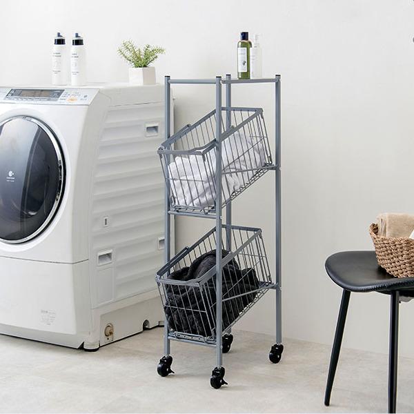 ランドリーワゴン 2段 スリム 幅28cm 棚付きバスケット ランドリー