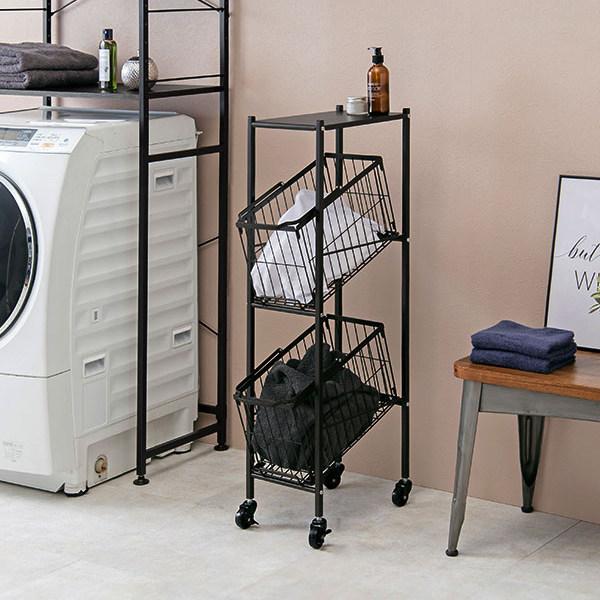 ランドリーワゴン 2段 スリム 幅28cm 棚付きバスケット ランドリー