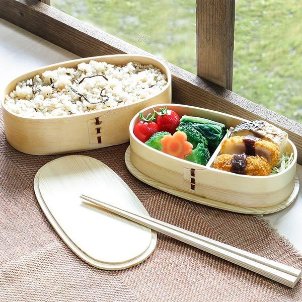 弁当箱 曲げわっぱ 2段 1000ml 小判型 入れ子 （ 木製 ランチボックス