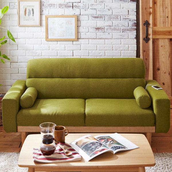 ファブリックグリーン 二人掛けソファ　ローソファ ソファ 2.5人掛け 幅159cm コンセント付き クッション ファブリック