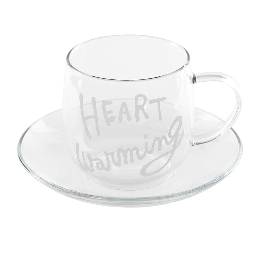 カップ＆ソーサー 250ml HEART Warming 耐熱ガラス （ 電子レンジ対応