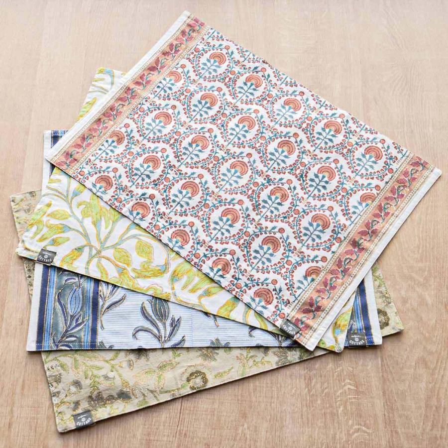 ランチョンマット 45×32cm ブロックプリント 綿100％ （ ランチマット