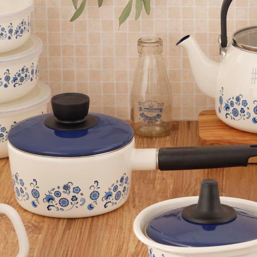 富士ホーロー ソースパン 16cm IH対応 メモリーズ ブルーフラワー 片手