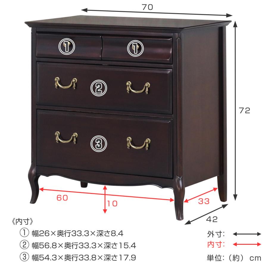 東海家具工業 チェスト 3段 クラシック調 猫脚 ミラーナ 幅70cm （ 開
