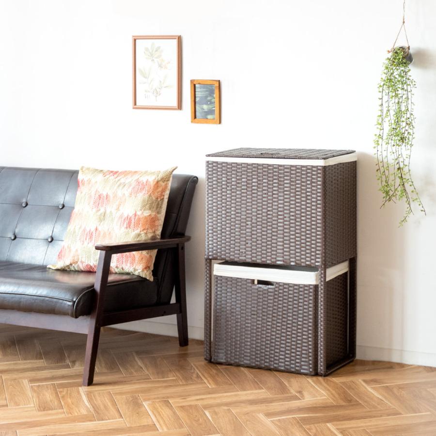 ラタン 蓋付き2段かご ランドリーバスケット 籐 インテリア 昭和レトロ 当時物 宮武製作所 ランドリーボックス ふた付き Diario ラタン調 ブラウン