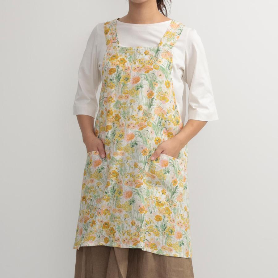 PASQUALE エプロン　花柄 エプロン「ベージュ花 編み物風お花白地 ビスケットブーケ からし色