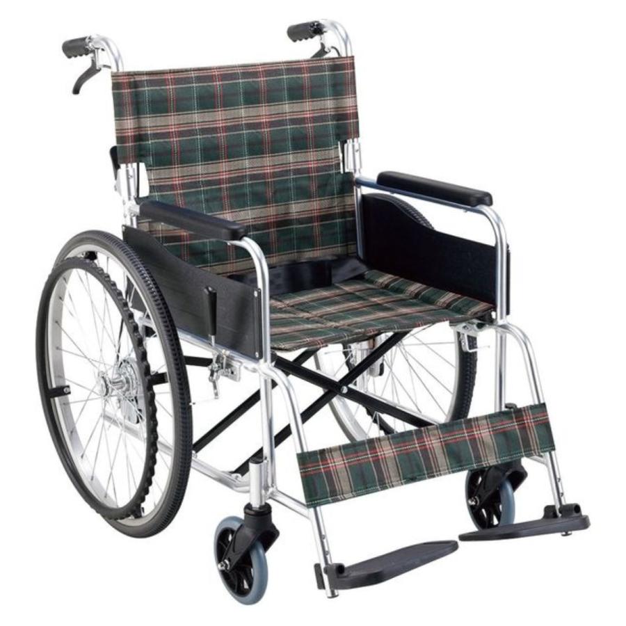 自走用車椅子 チェック柄 背もたれ付き マキテック 車いす ワイドタイプ 自走式 背折れタイプ 座面幅46cm