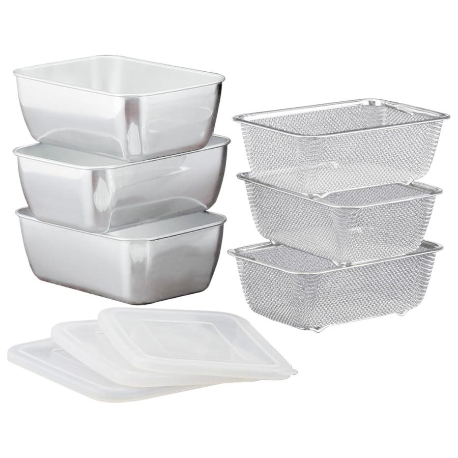 下村企販 角型バット&ザル9個セット シリコンフタ付き ステンレス製