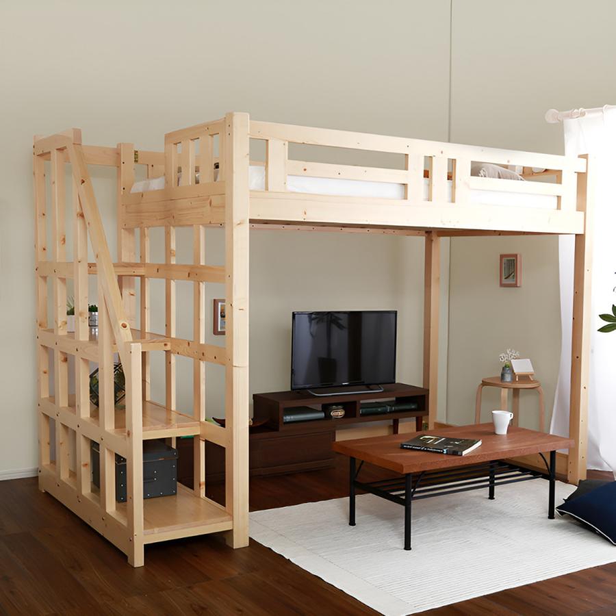 ★ご購入者★木製ロフトベッド セミダブル(ナチュラル) ホームテイスト（HOME taste） ロフトベッド セミダブル 宮棚 階段付き
