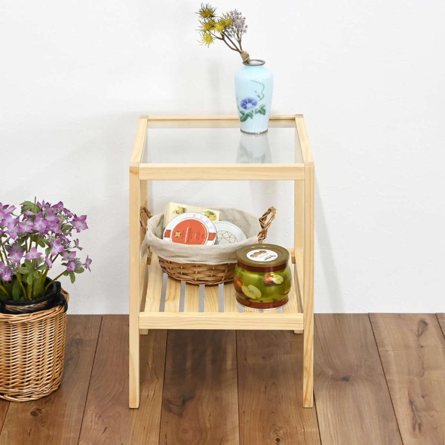 フクダクラフト サイドテーブル ガラス天板 天然木フレーム 棚付 約