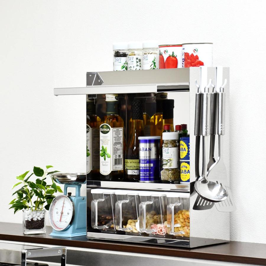 アウトレット　調味料ラック　スパイスラック　キッチンラック 調味料ラック フラップ扉のステンレススパイスラック 調味料ポット 4個