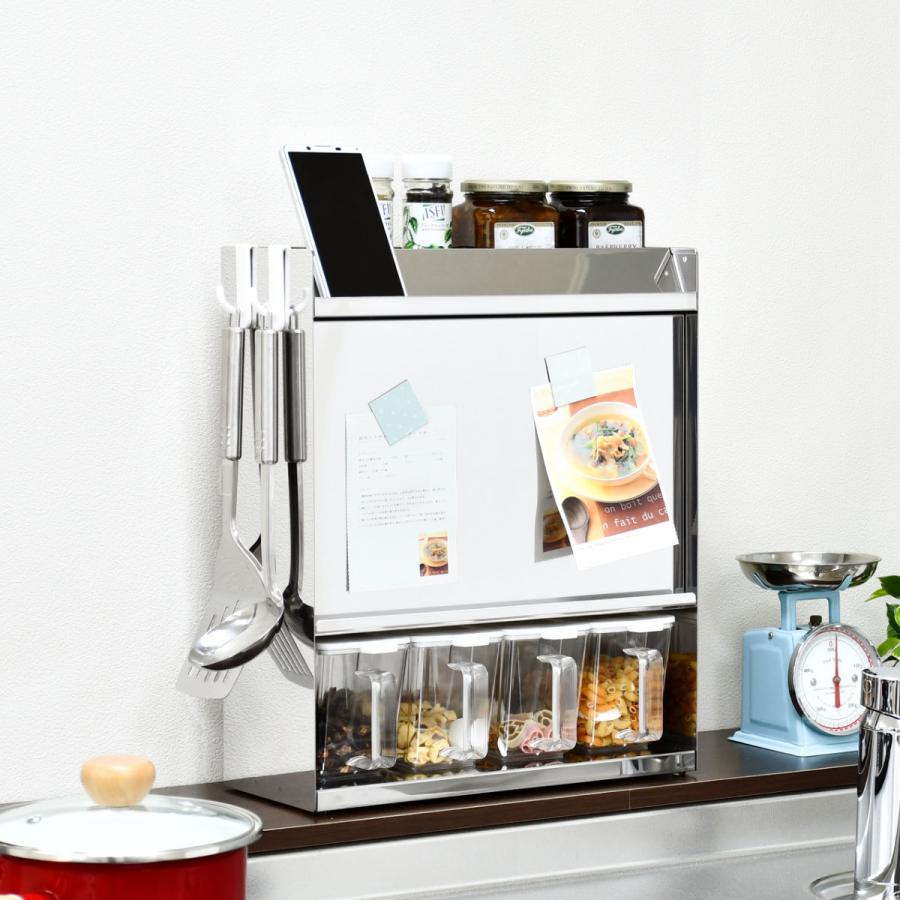 調味料ラック フラップ扉のステンレススパイスラック 調味料ポット 4個