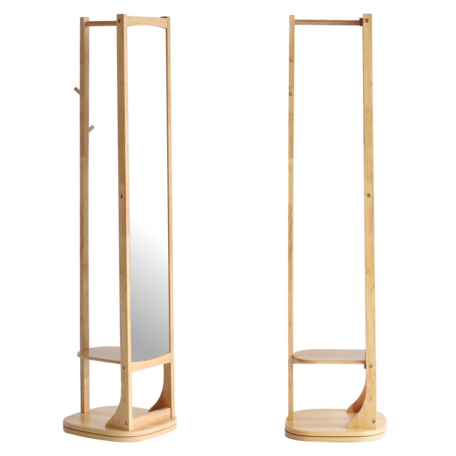 スタンドミラー 全身鏡 360度回転式 背面ハンガーラック 棚板付