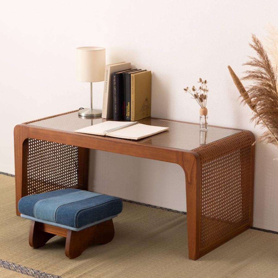 東谷 センターテーブル 幅90cm ガラステーブル ラタン （ 机 リビング