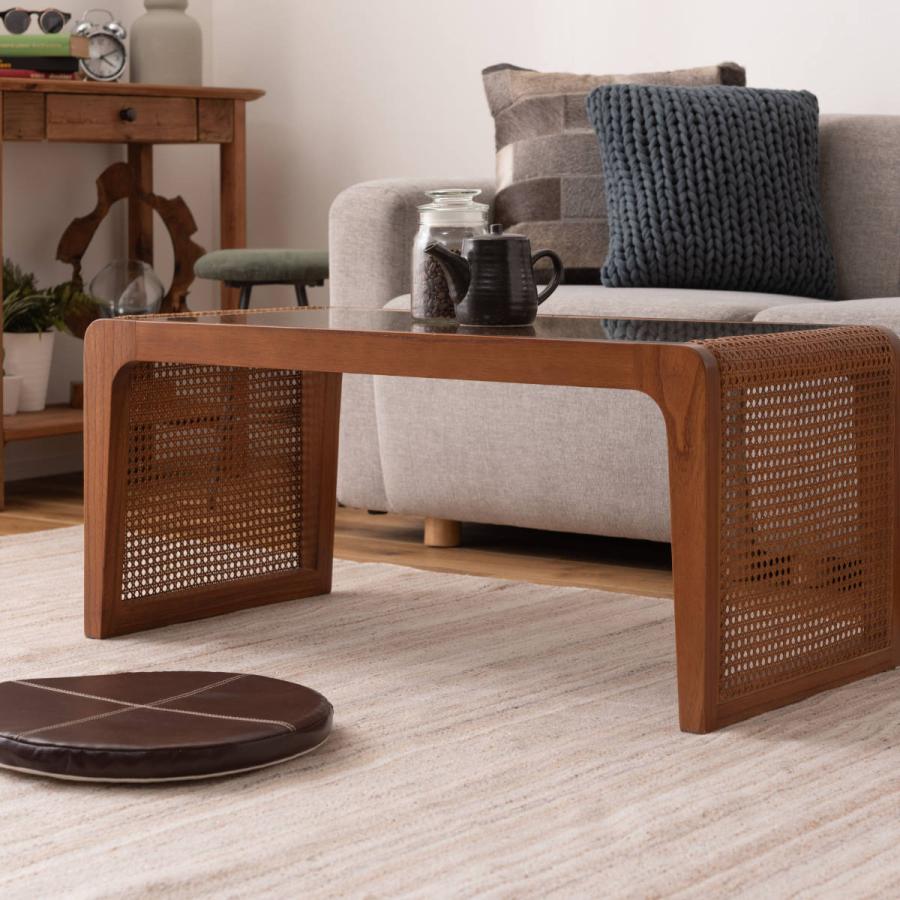 東谷 センターテーブル 幅90cm ガラステーブル ラタン （ 机 リビング