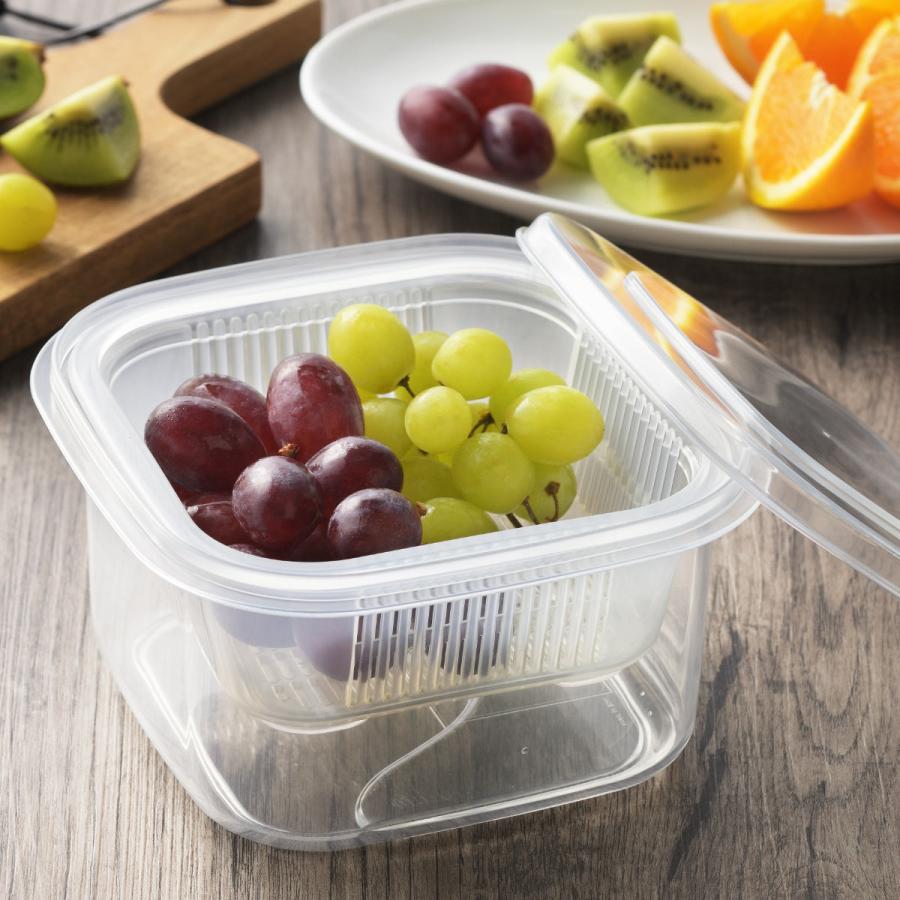 ヨシカワ 保存容器 1.25L クリアな角型レンジ容器 ザル付き