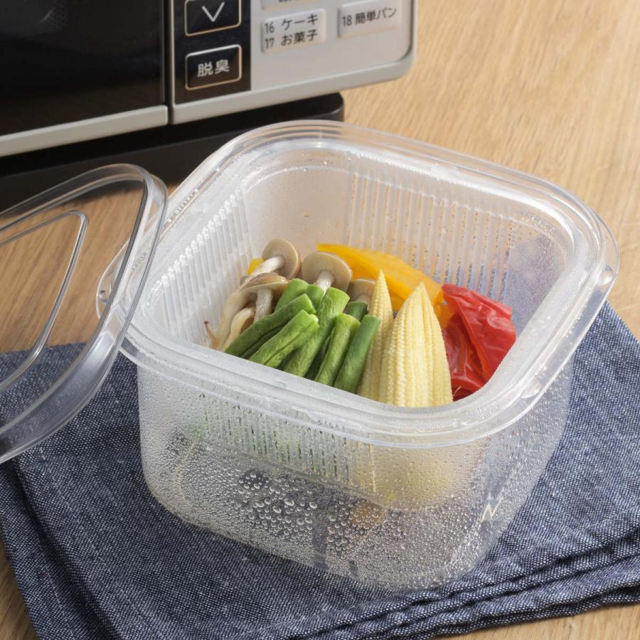 ヨシカワ 保存容器 1.25L クリアな角型レンジ容器 ザル付き