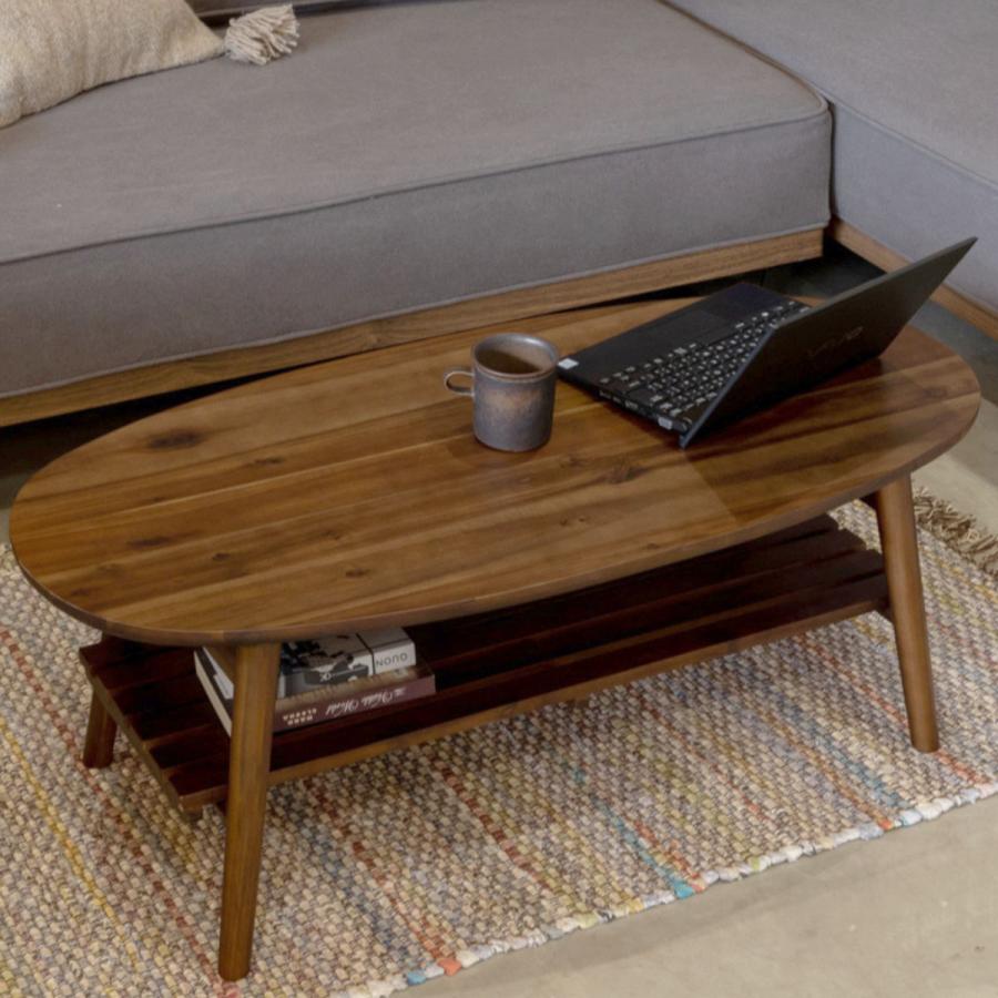 リビングテーブル 幅100cm オーバル形 折りたたみ 収納棚付 コティ2