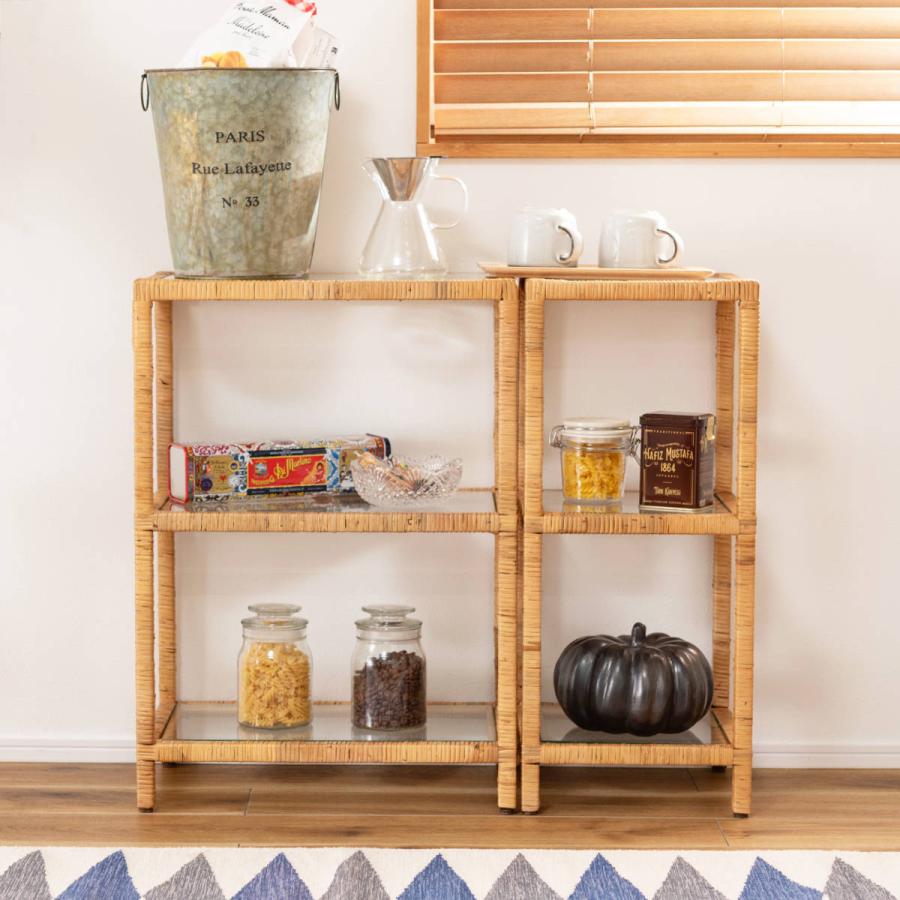 東谷 籐 オープンラック 幅50cm 3段 強化ガラス （ ラック