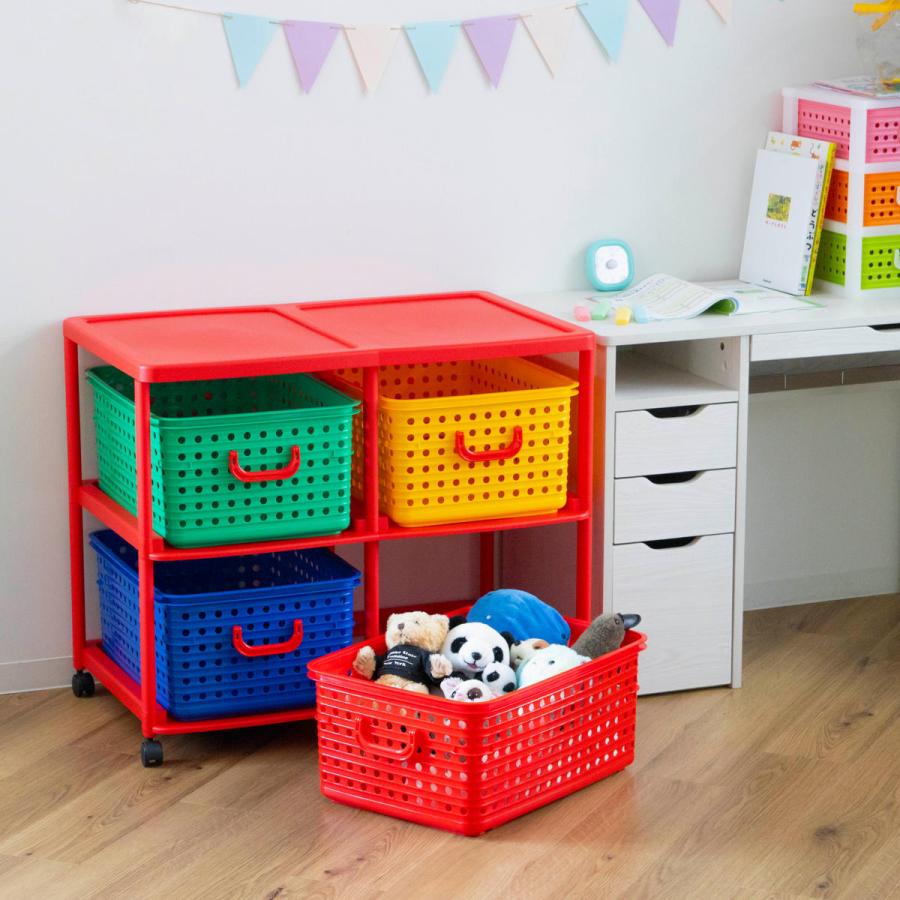 おもちゃ箱 幅87cm バスケットラック 2段 キャスター付き バスケット 4