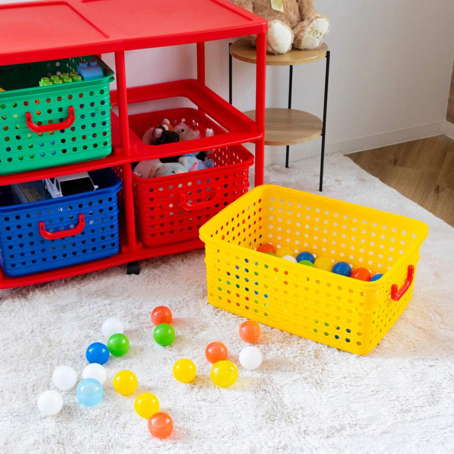 青と黄色の収納バスケット おもちゃ箱 幅87cm バスケットラック 2段 キャスター付き バスケット 4
