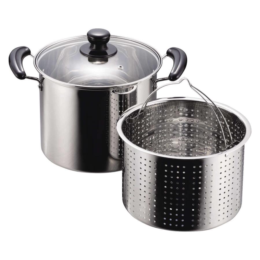 パール金属 パスタ鍋 22cm IH対応 だんらん 目皿付き ガラス蓋