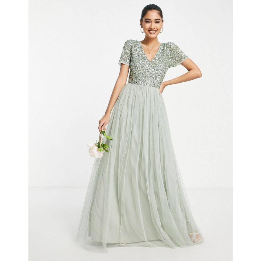 マヤ マキシドレス レディース Maya Bridesmaid short sleeve maxi tulle dress with tonal delicate sequins in sage green エイソス ASOS グリーン 緑