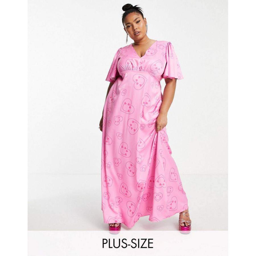 安い通販 銀座 ツイストワンダー ドレス 大きいサイズ レディース Twisted Wunder Plus Flutter Sleeve Maxi Dress In Happy Heart Print エイソス Asos ピンク 最低価格セール Lingo Lingosol Com